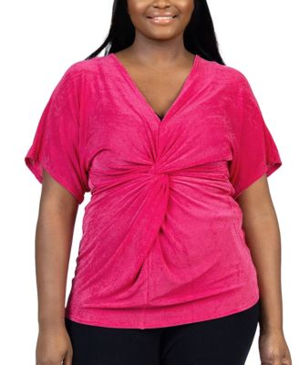 Plus Size V Neck Knot Front Kimono Sleeve Top