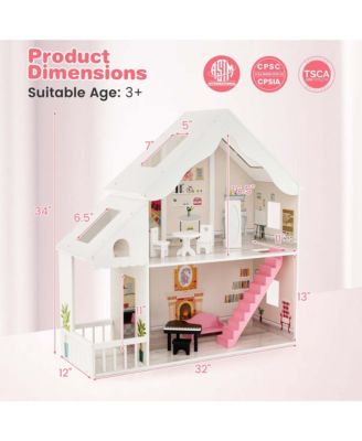 Kids Wooden Dollhouse Semi-Opened DIY Playset with Simulated Rooms & Furniture