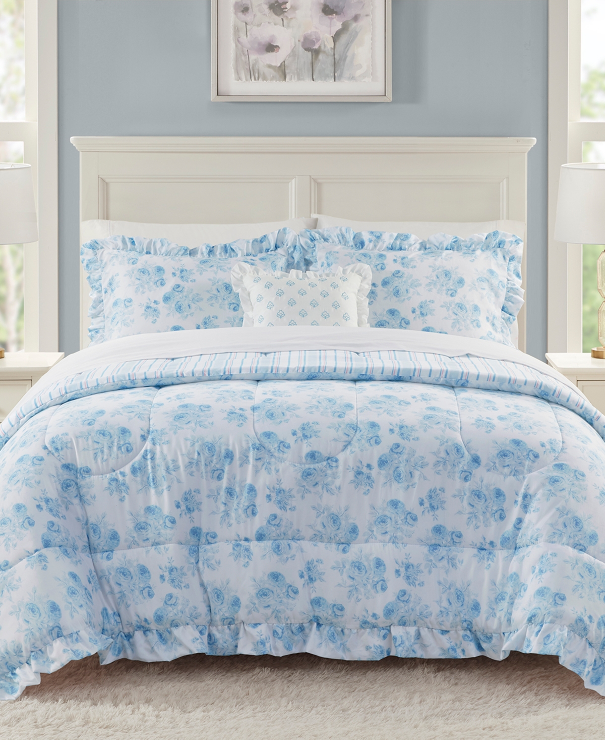 Jla Home Mia Ruffled Reversible 4 Pc. Comforter Set Created For Macys In Blue