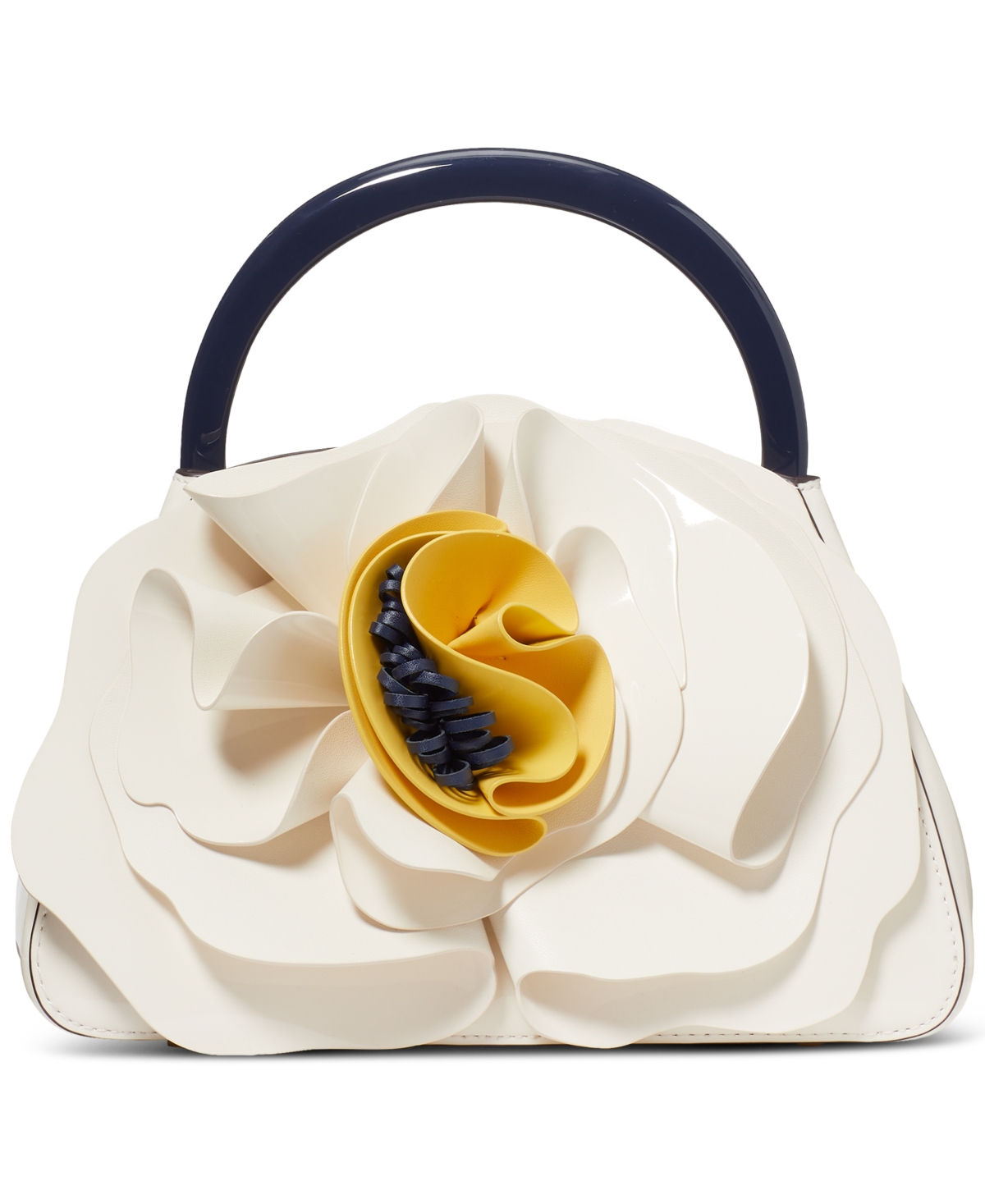 Flora Patent Leather Small 3D Flower Top Handle Handbag - Cream.
