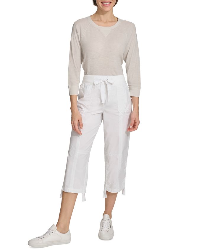 Calvin Klein Women's Performance Printed Tie Hem Capri Pants White Size Large