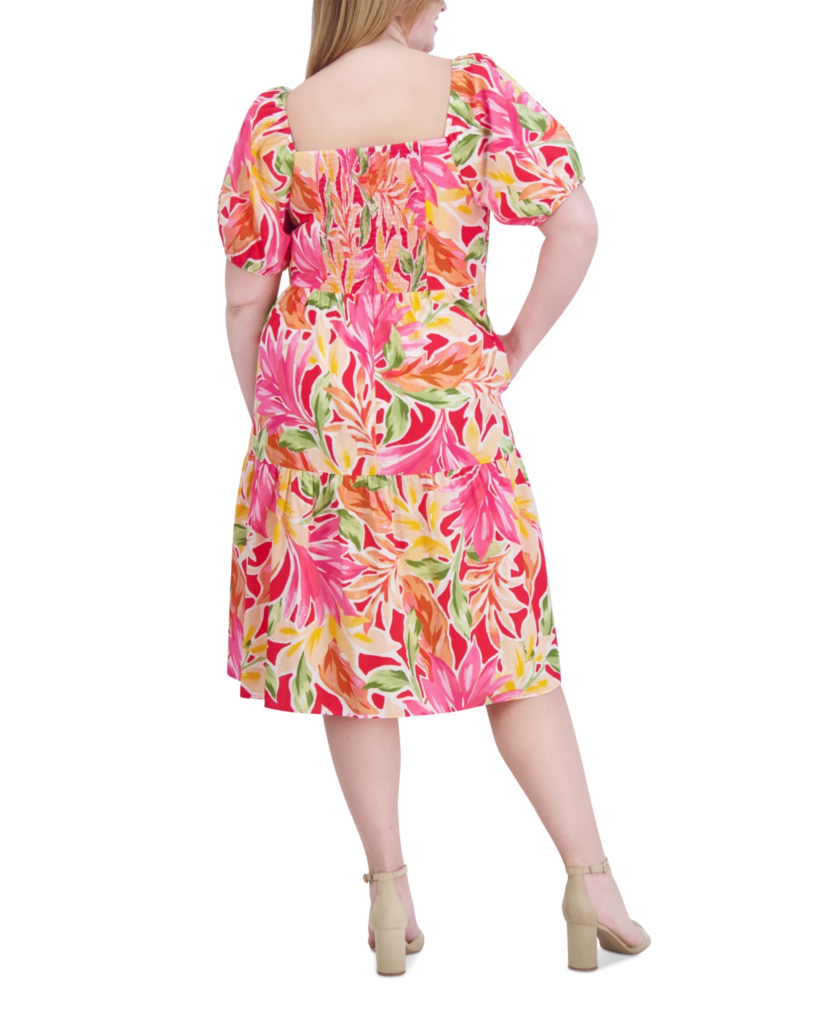 Shop Vince Camuto Plus Size Square-neck Puff-sleeve Fit & Flare Dress In Pink Multi