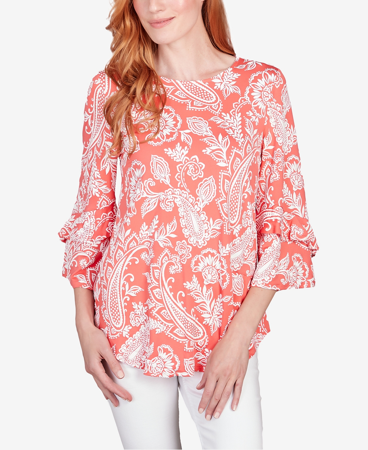 Shop Ruby Rd. Petite Monotone Paisley Puff Print Party Top In Guava Multi