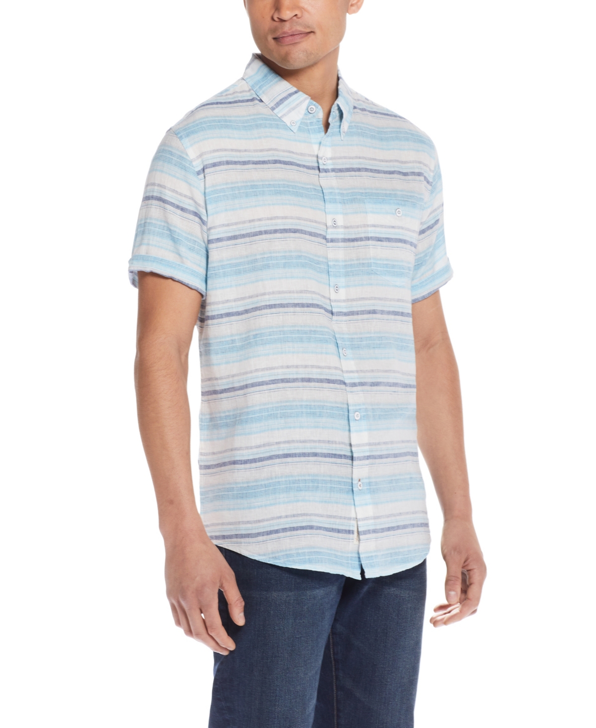 Men's Short Sleeve Stripe Linen Cotton Shirt - Peach Echo