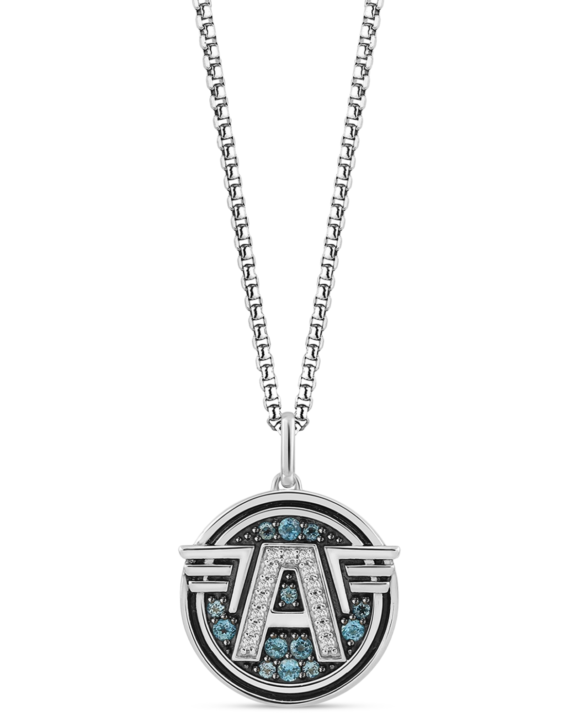 Wonder Fine Jewelry Swiss Blue Topaz (3/8 Ct. T.w.) & Diamond (1/10 Ct. T.w.) Captain America Logo 18" Pendant Necklace In Sterling Silver