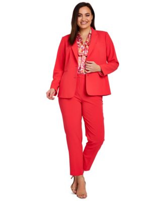 Tahari Asl Plus Size Two Button Jacket Swirl Print Bow Blouse Pants In Grenadine