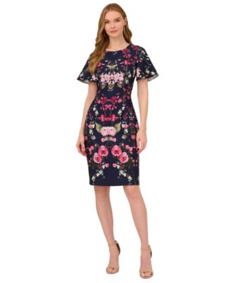 Adrianna Papell - Women's Floral-Print Elbow-Sleeve Crepe Dress