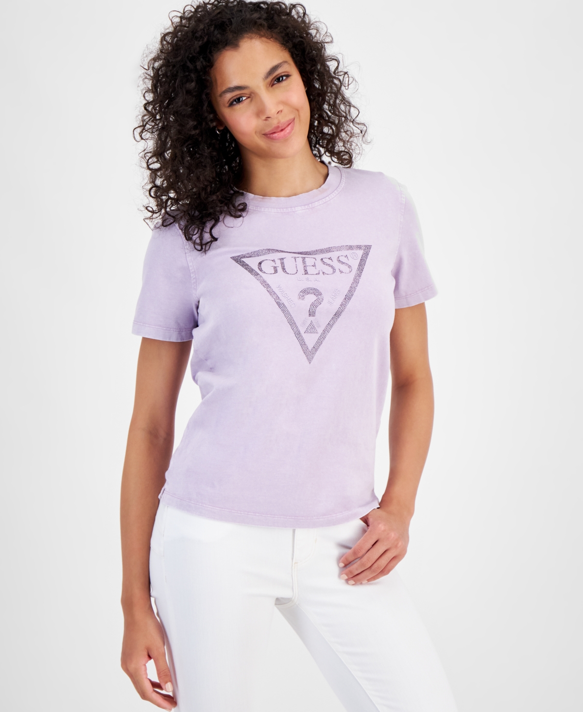 Shop Guess Women's Studded Logo Cotton Short-sleeve T-shirt In New Light Lilac