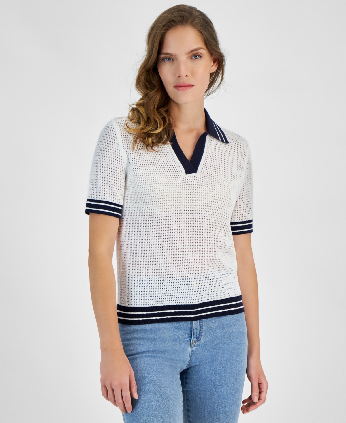 Women's Johnny-Collar Short-Sleeve Sweater - Brght Wh/n