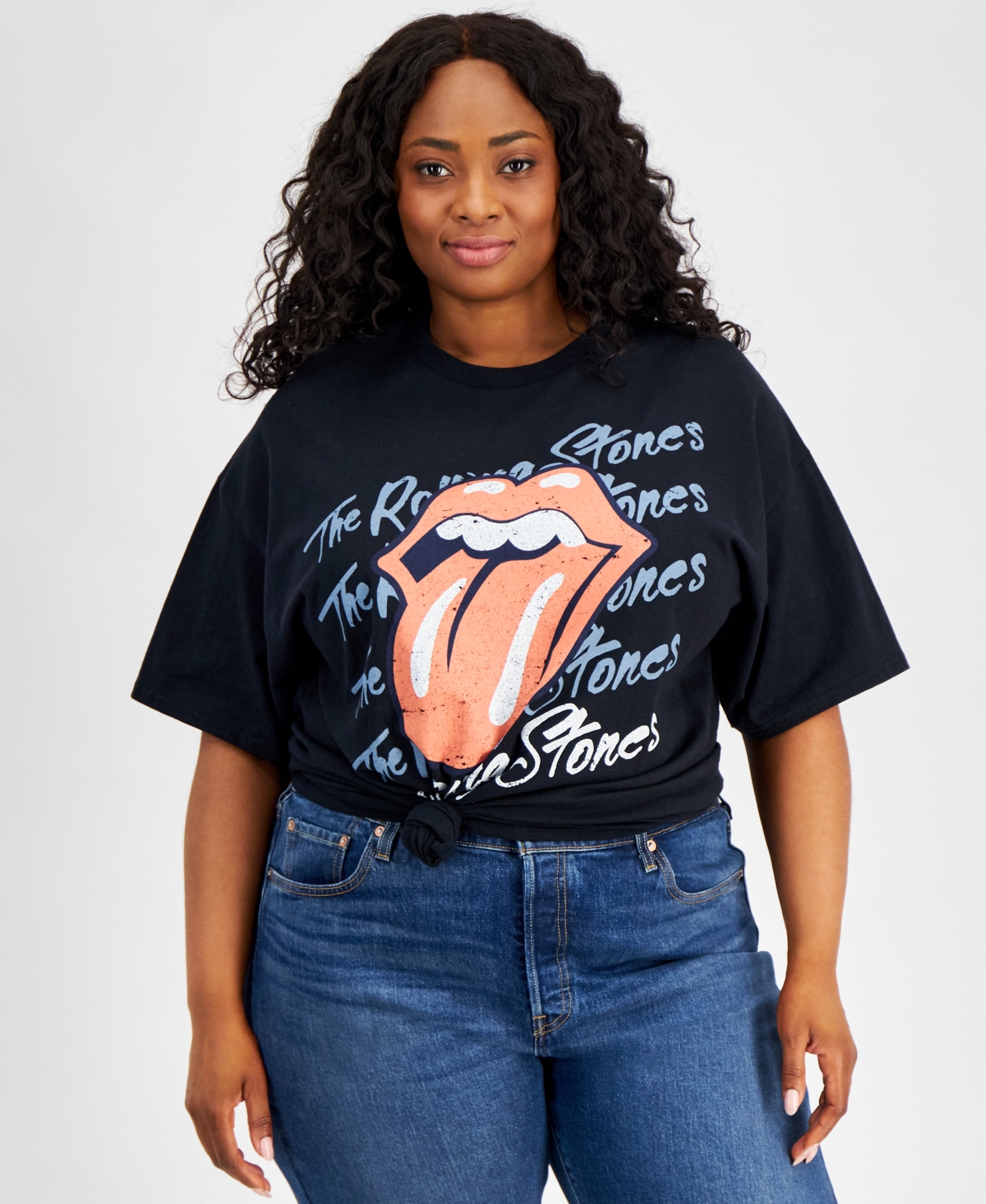 Trendy Plus Size Rolling Stones Graphic Print Crewneck Cotton T-Shirt - Black