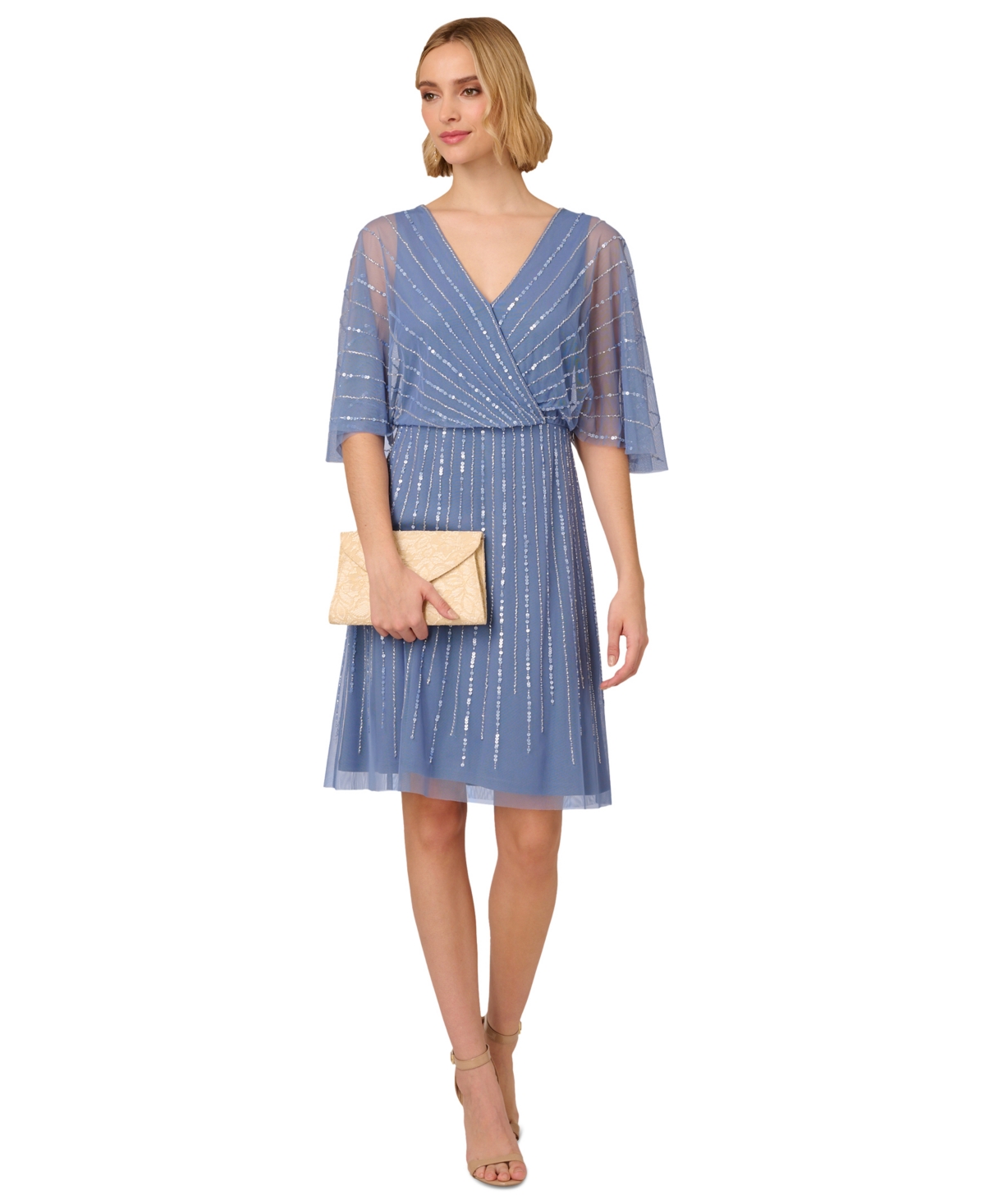 Bead Embellished Flutter-Sleeve A-Line Dress - French Blue