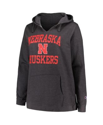 Women's Heather Charcoal Nebraska Huskers Plus Size Heart & Soul Notch Neck Pullover Hoodie