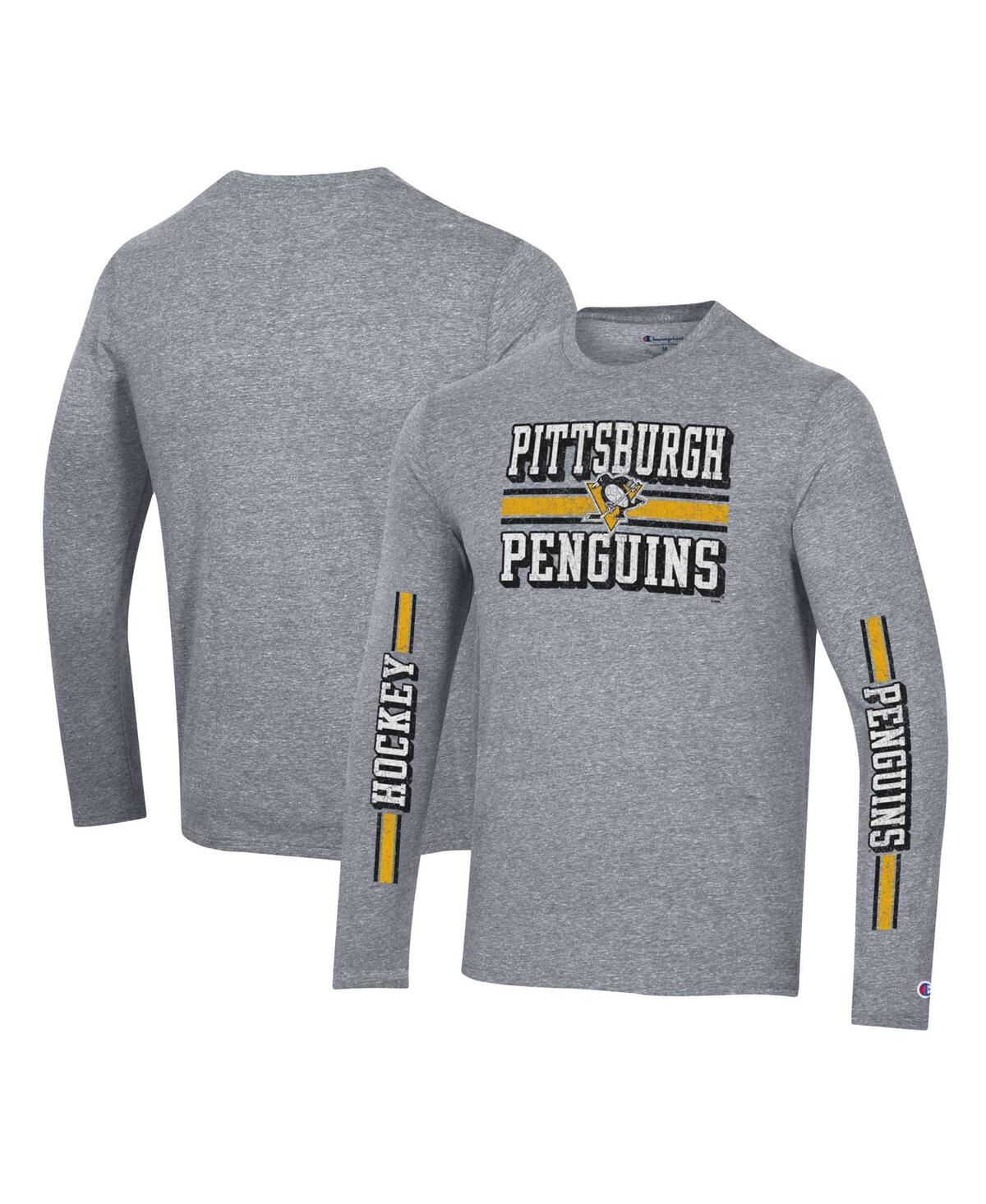Men's Champion Heather Gray Distressed Pittsburgh Penguins Tri-Blend Dual-Stripe Long Sleeve T-shirt - Heather Gray