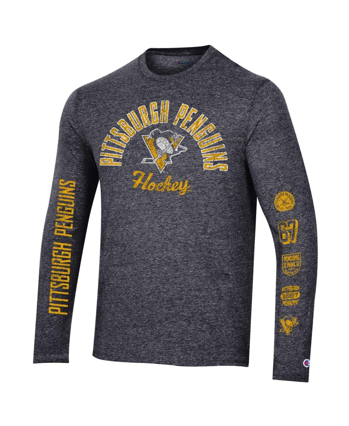 Shop Champion Men's  Heather Black Distressed Pittsburgh Penguins Multi-logo Tri-blend Long Sleeve T-shirt