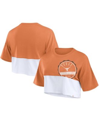 Women's Texas Orange, White Distressed Texas Longhorns Oversized Badge Colorblock Cropped T-shirt
