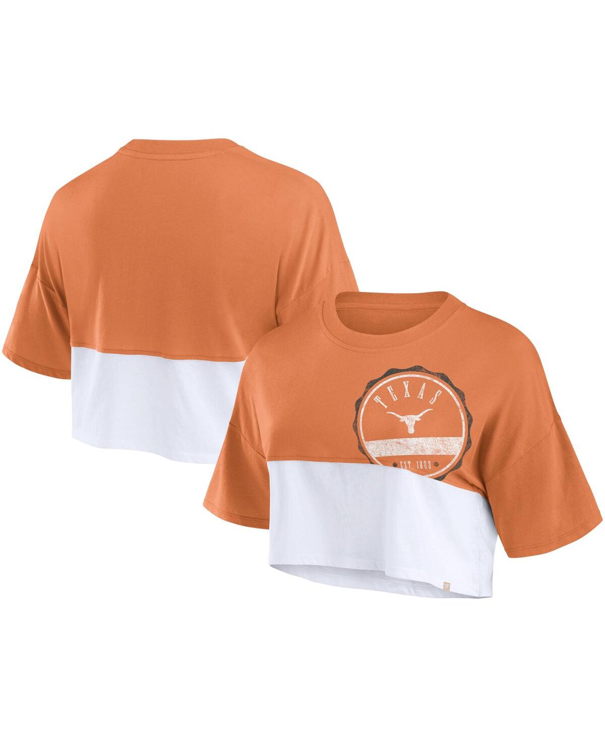 Shop Fanatics Women's  Texas Orange, White Distressed Texas Longhorns Oversized Badge Colorblock Cropped T In Texas Orange,white