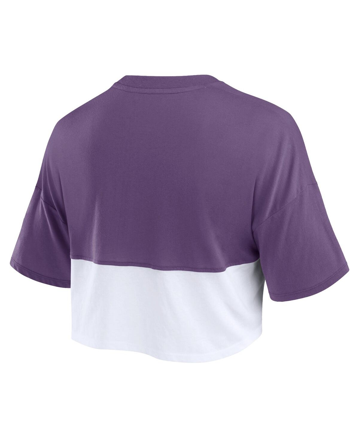 Fanatics Women's  Purple, White Minnesota Vikings Boxy Color Split Cropped T-shirt In Purple,white