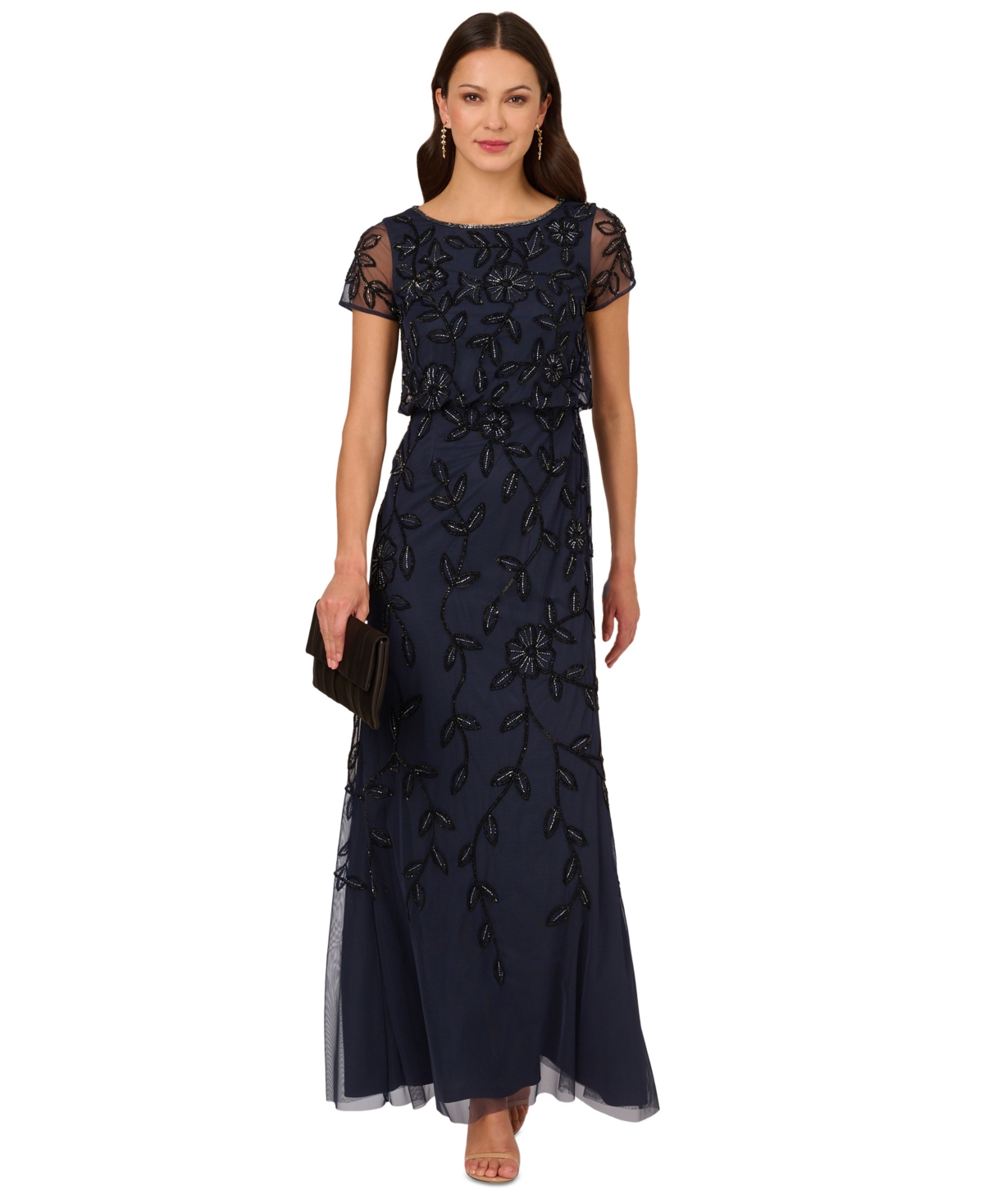 Women's Floral Bead Embellished Blouson Short-Sleeve Gown - Navy Black