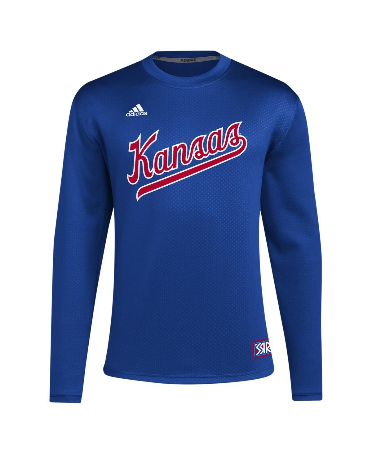 Men's adidasDistressed Kansas Jayhawks Reverse Retro Baseball Script Pullover Sweatshirt - Royal
