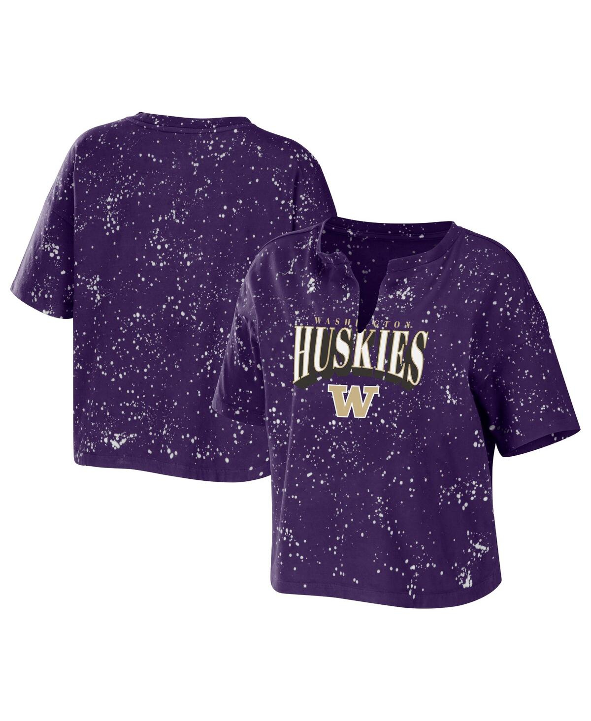 Women's Wear by Erin Andrews Purple Washington Huskies Bleach Wash Splatter Cropped Notch Neck T-shirt - Purple