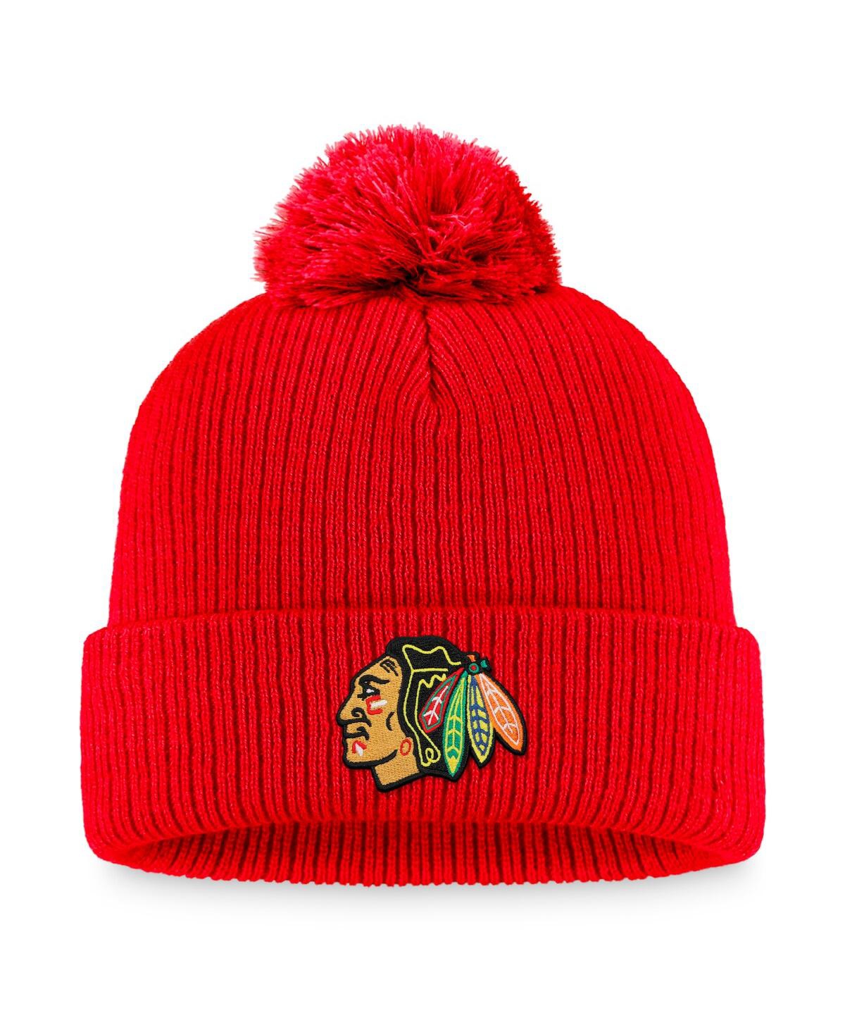 Men's Fanatics Red Chicago Blackhawks Core Primary Logo Cuffed Knit Hat with Pom - Red