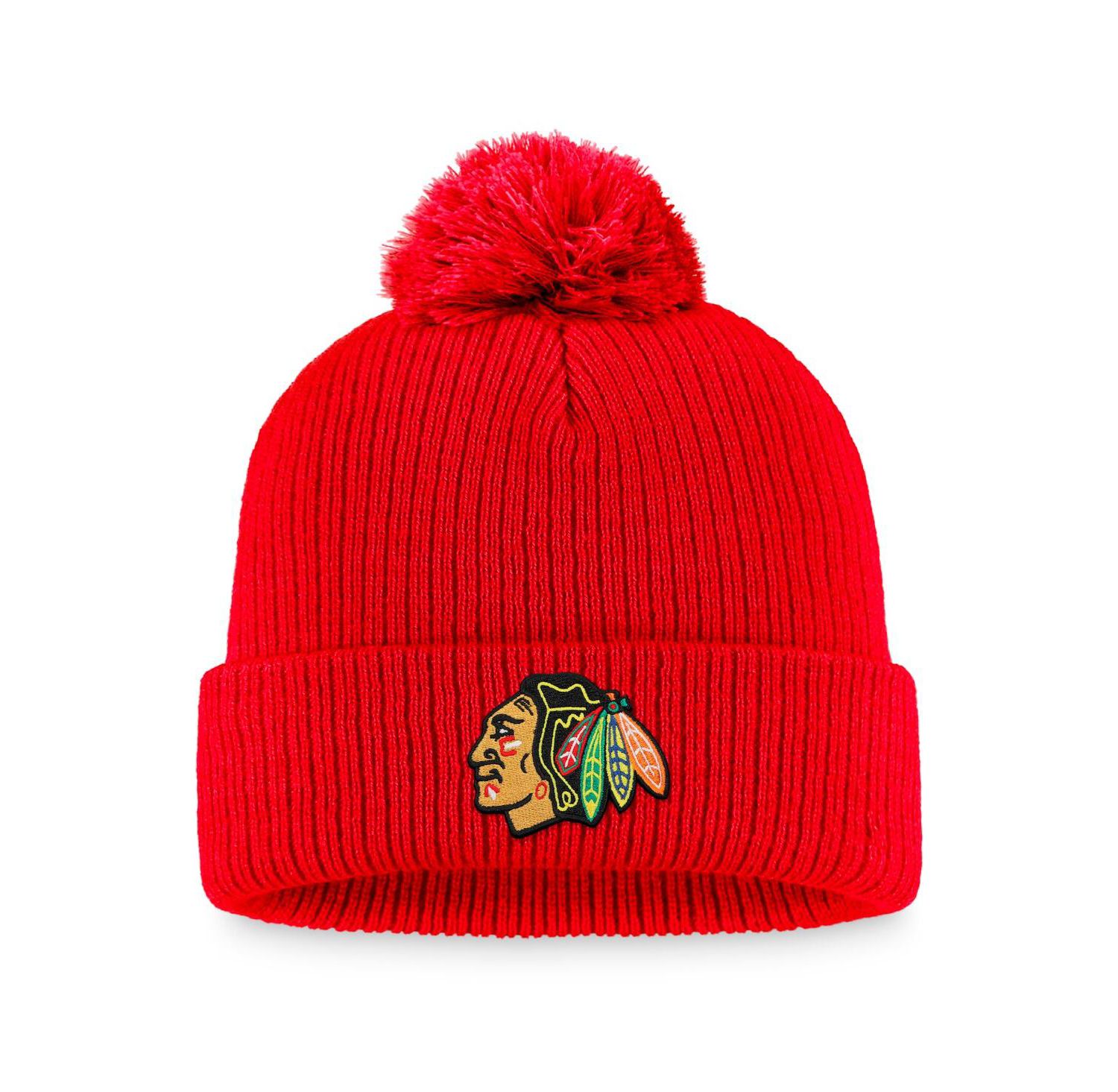 Fanatics - Men's Red Chicago Blackhawks Core Primary Logo Cuffed Knit Hat with Pom Red