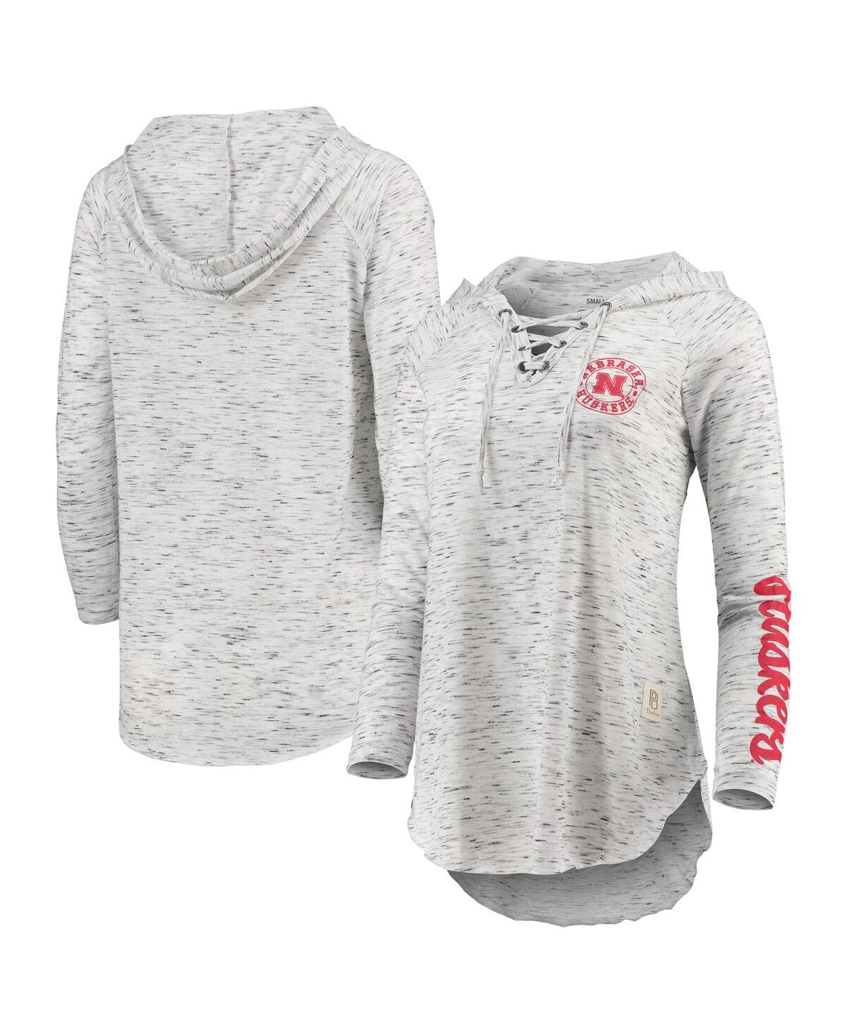 PRESSBOX WOMEN'S PRESSBOX GRAY NEBRASKA HUSKERS SPACE DYE LACE-UP V-NECK LONG SLEEVE T-SHIRT 