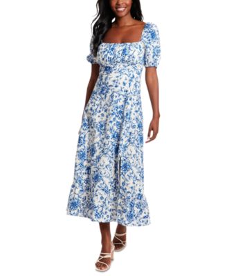 Women's Puff-Sleeve Ruched Smocked-Back Empire Midi Dress