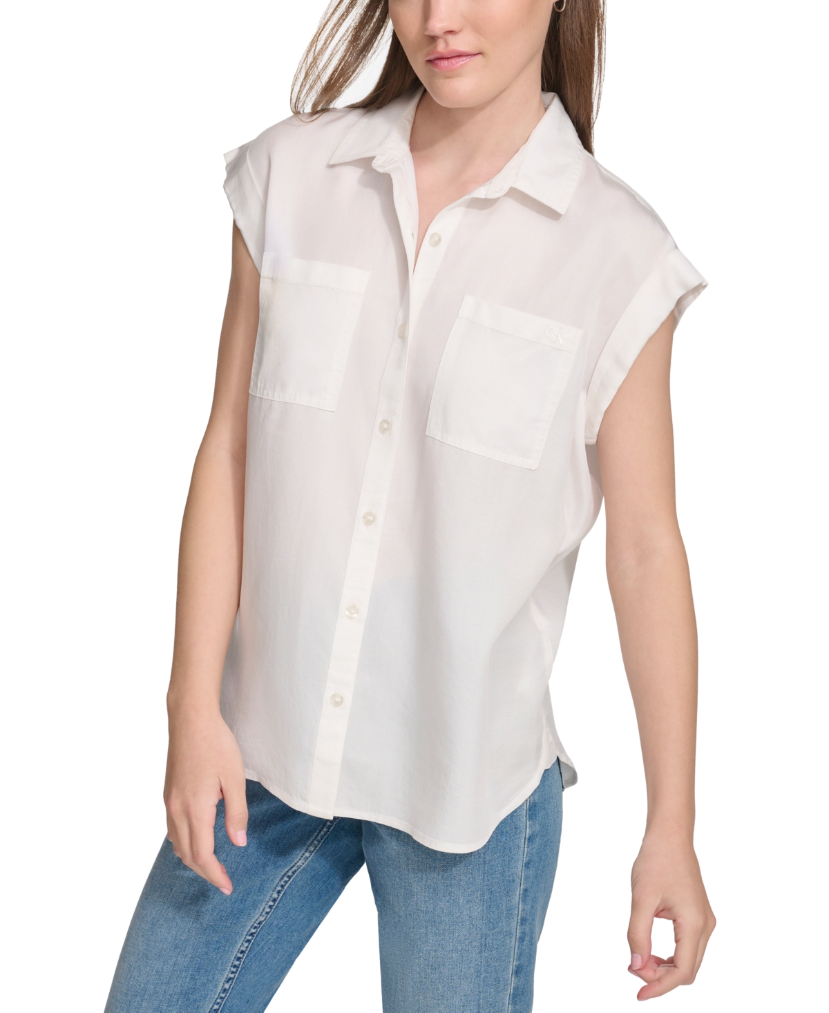 Shop Calvin Klein Jeans Est.1978 Petite Button-front Cap-sleeve Shirt In White