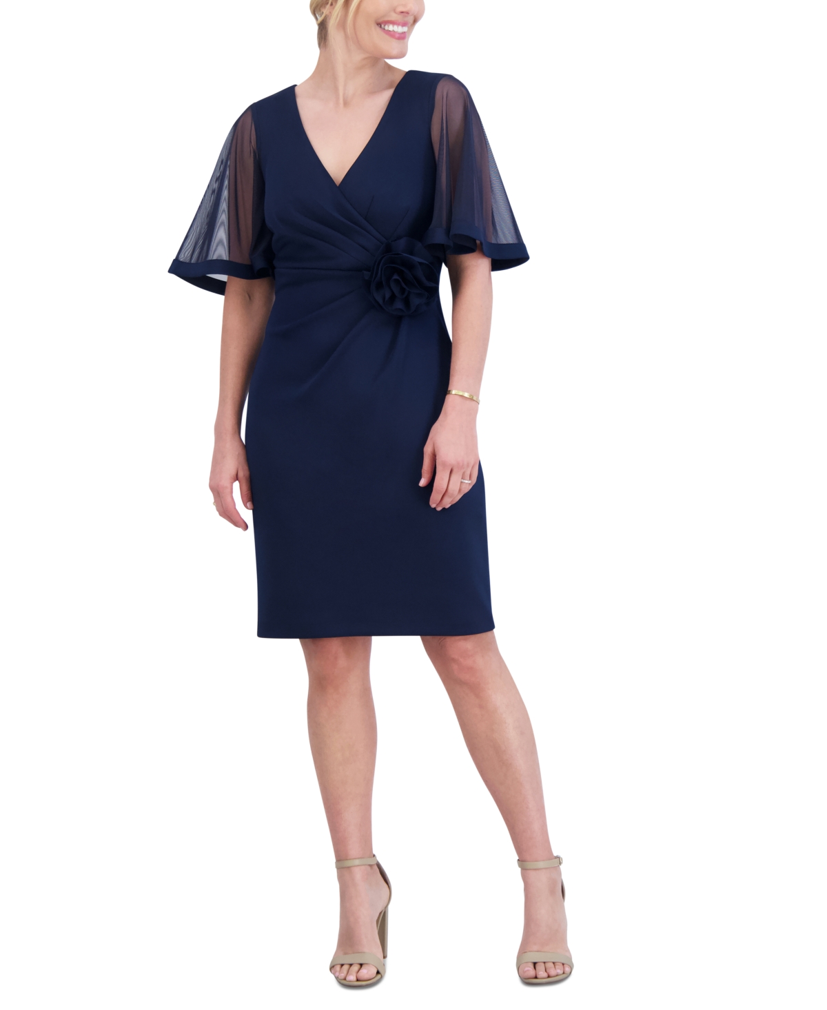 Women's Rosette-Waist Short-Sleeve Dress - Navy