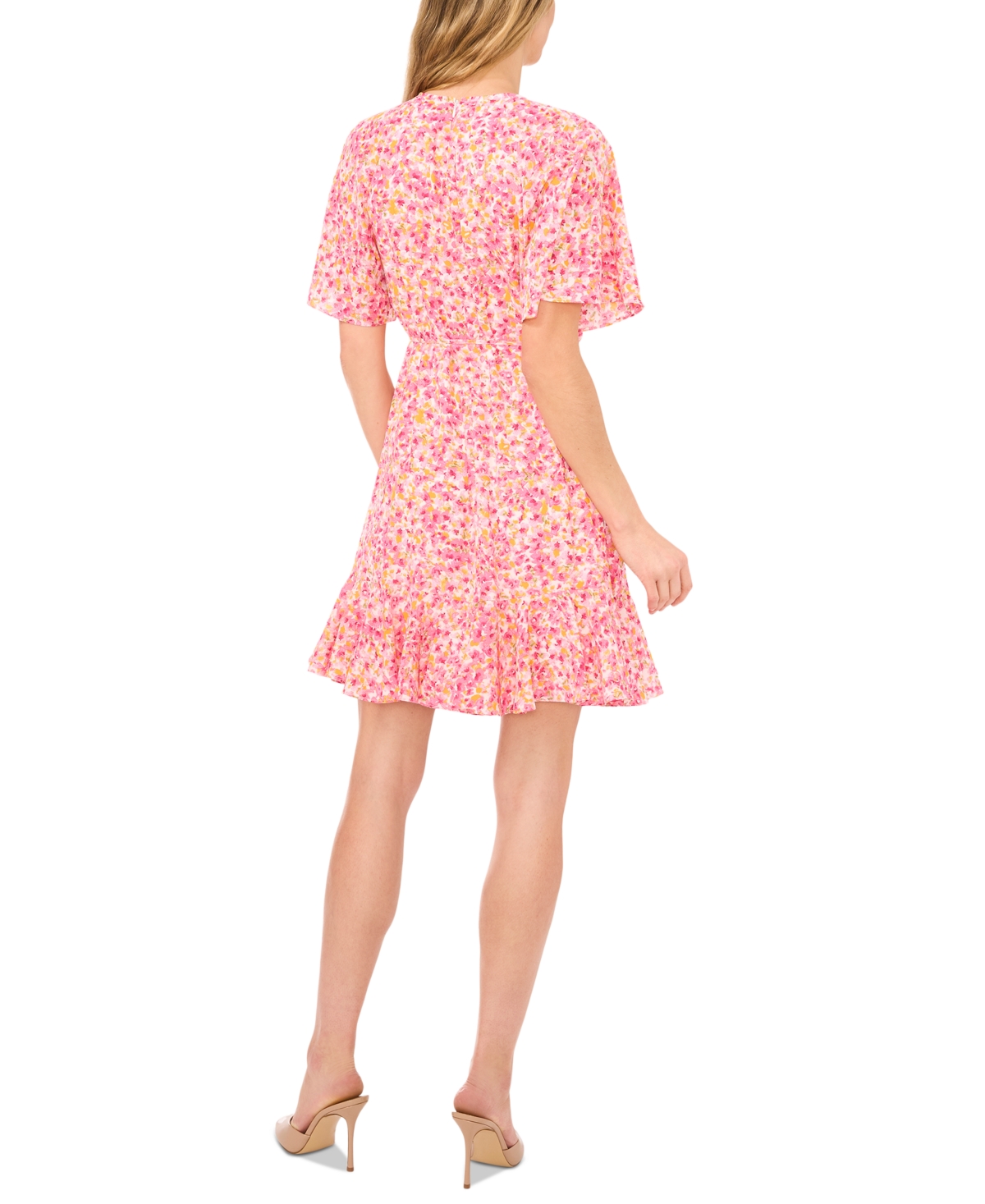 Shop Cece Women's Floral Print Tie Waist Fluted Hem Pleat Neck Skater Dress In New Ivory