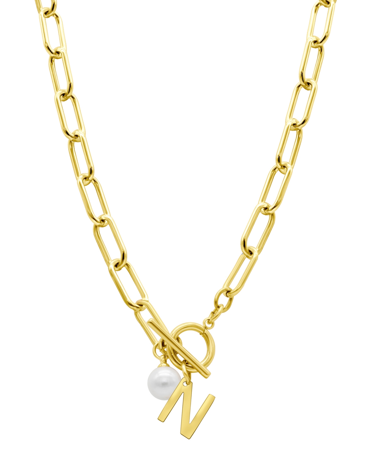 Tarnish Resistant 14K Gold-Plated Freshwater Pearl Initial Toggle Necklace - White- Z