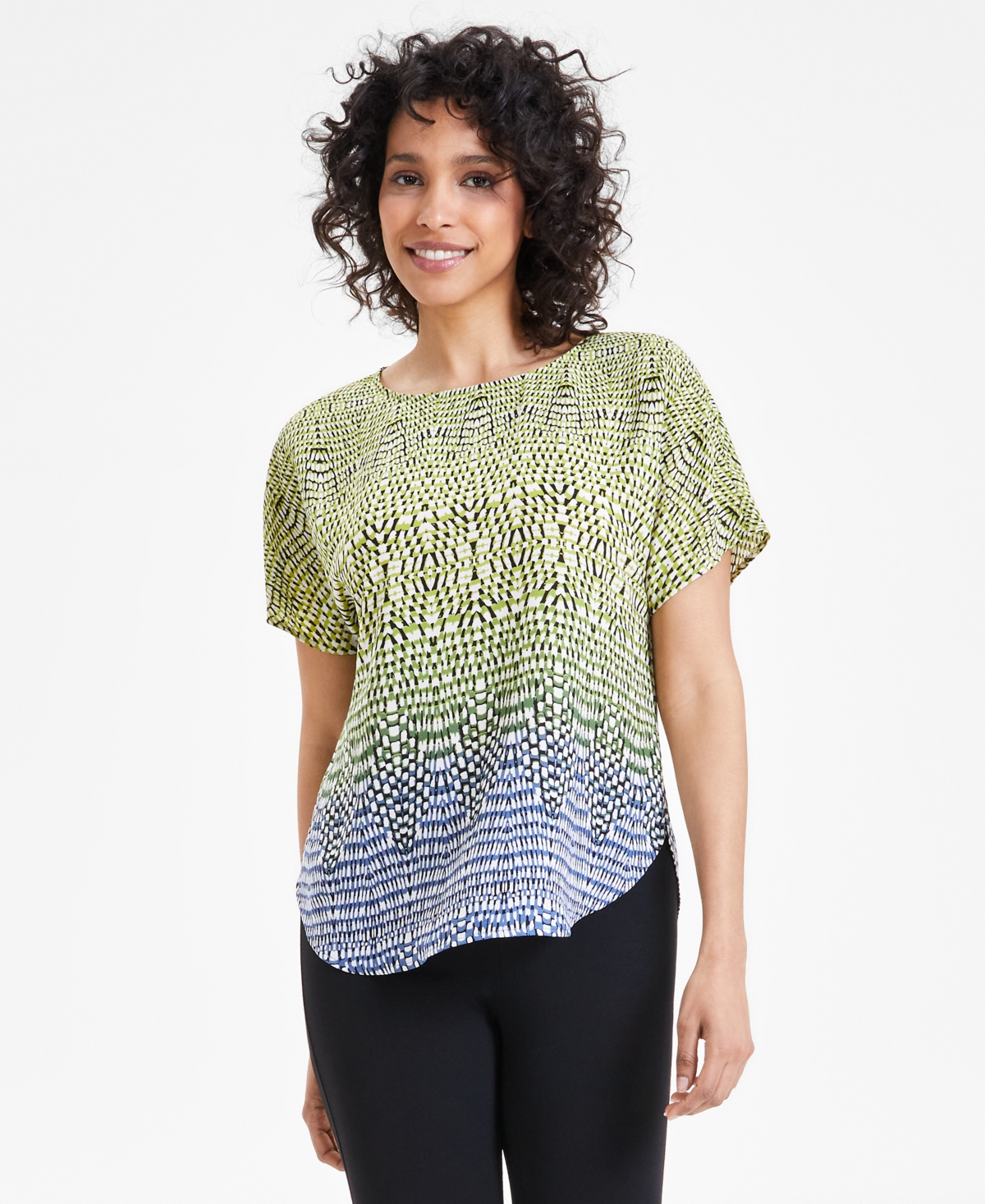Women's Printed Short-Sleeve Ombre Blouse - Blue Jay/Anne Black