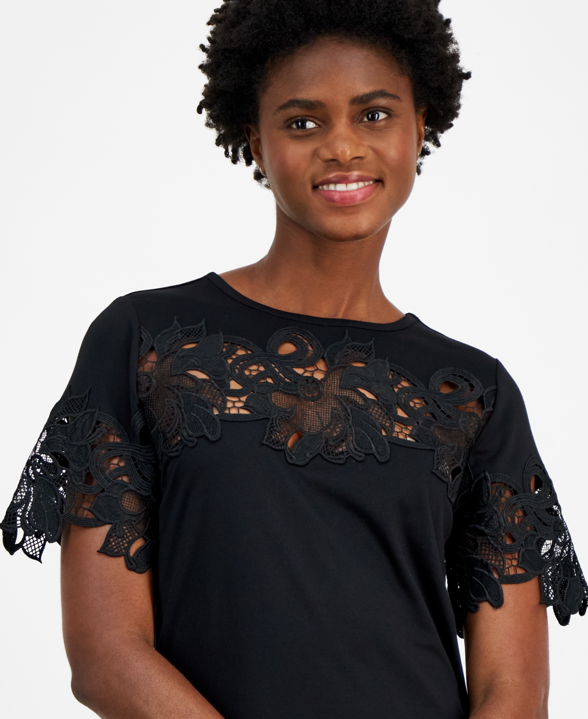 Anne Klein Women's Harmony Lace-Trim Short-Sleeve Top