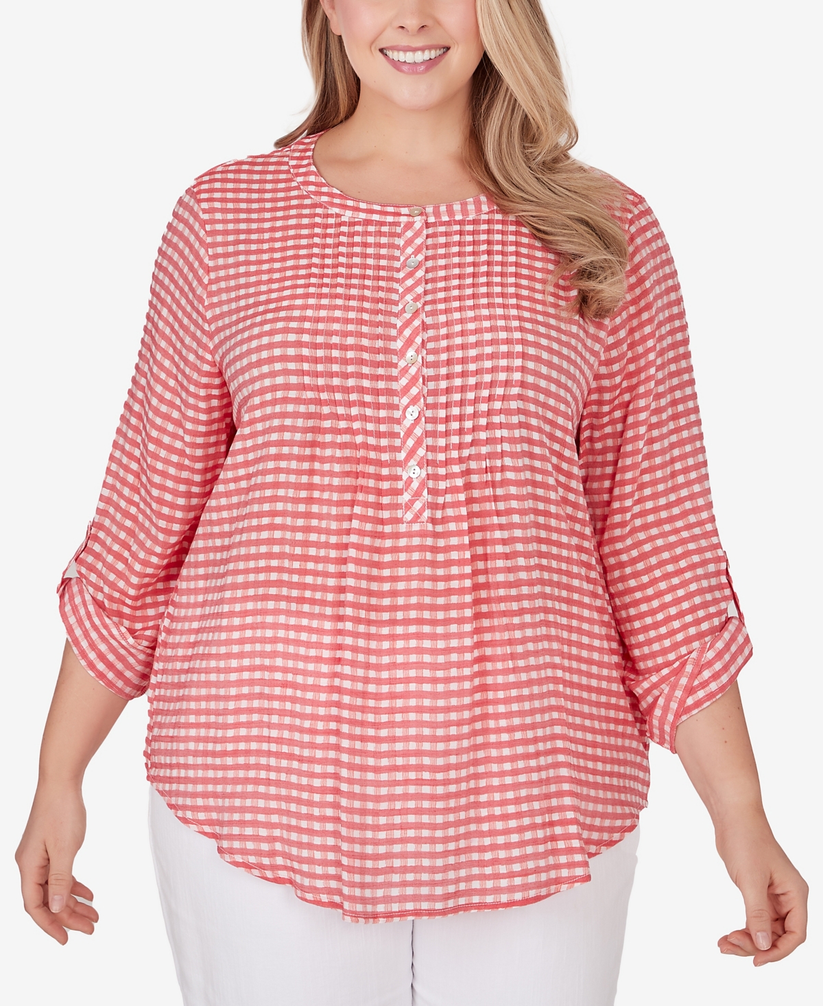 Shop Ruby Rd. Plus Size Gingham Silky Gauze Top In Punch Multi