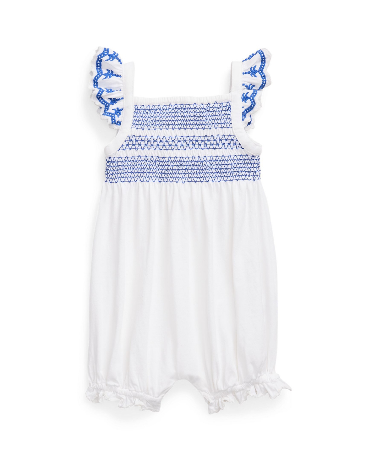 Polo Ralph Lauren Baby Girls Smocked Eyelet Cotton Bubble Shortall In White With Brilliant Sapphire