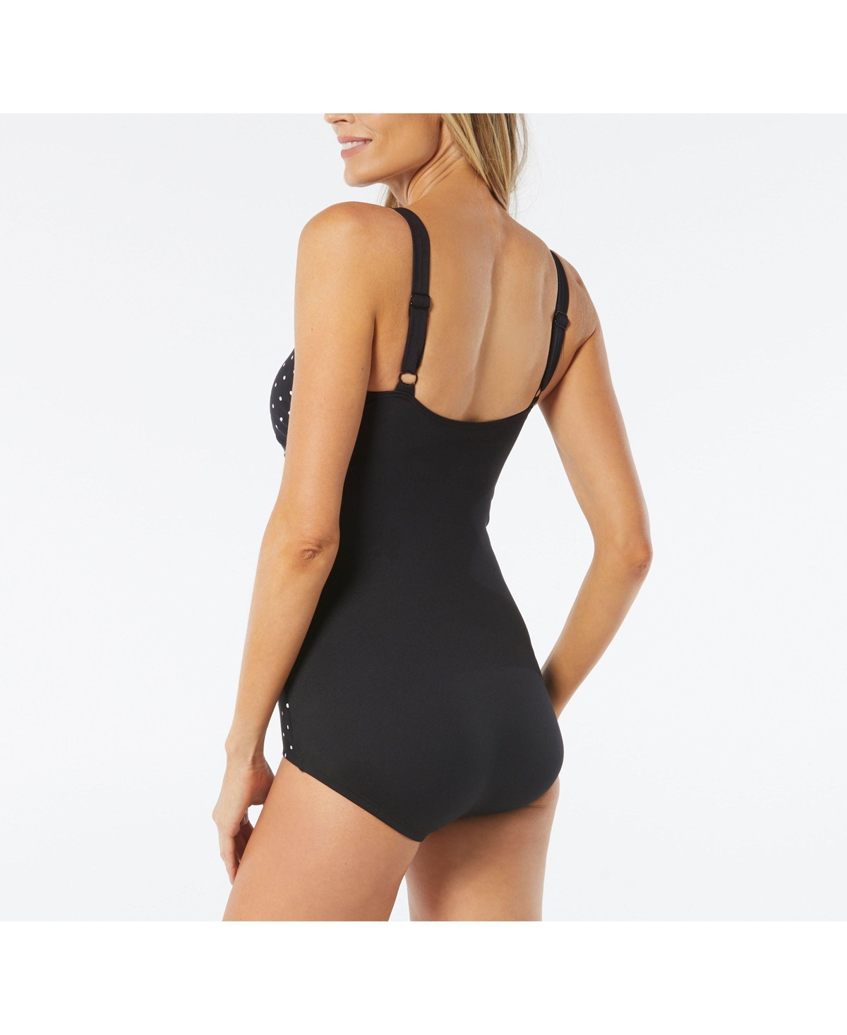 Gabar Retro Dot V-Neck Tummy Control One Piece Swimsuit - 005 black/white