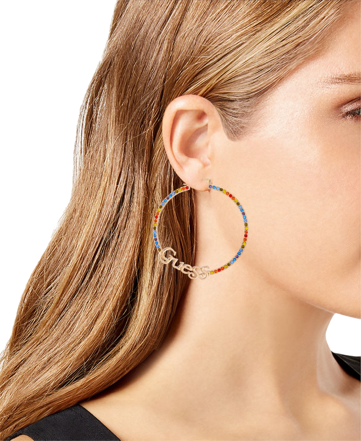 Shop Guess Gold-tone Rainbow Stone Logo Large Hoop Earrings, 2.25"