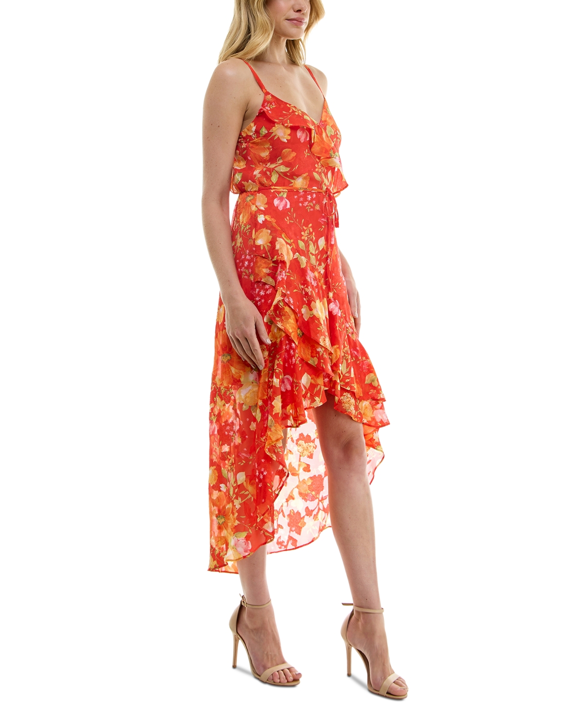 Shop Bcx Juniors' Double Ruffle Texture Chiffon Print High Low Dress In Pat S
