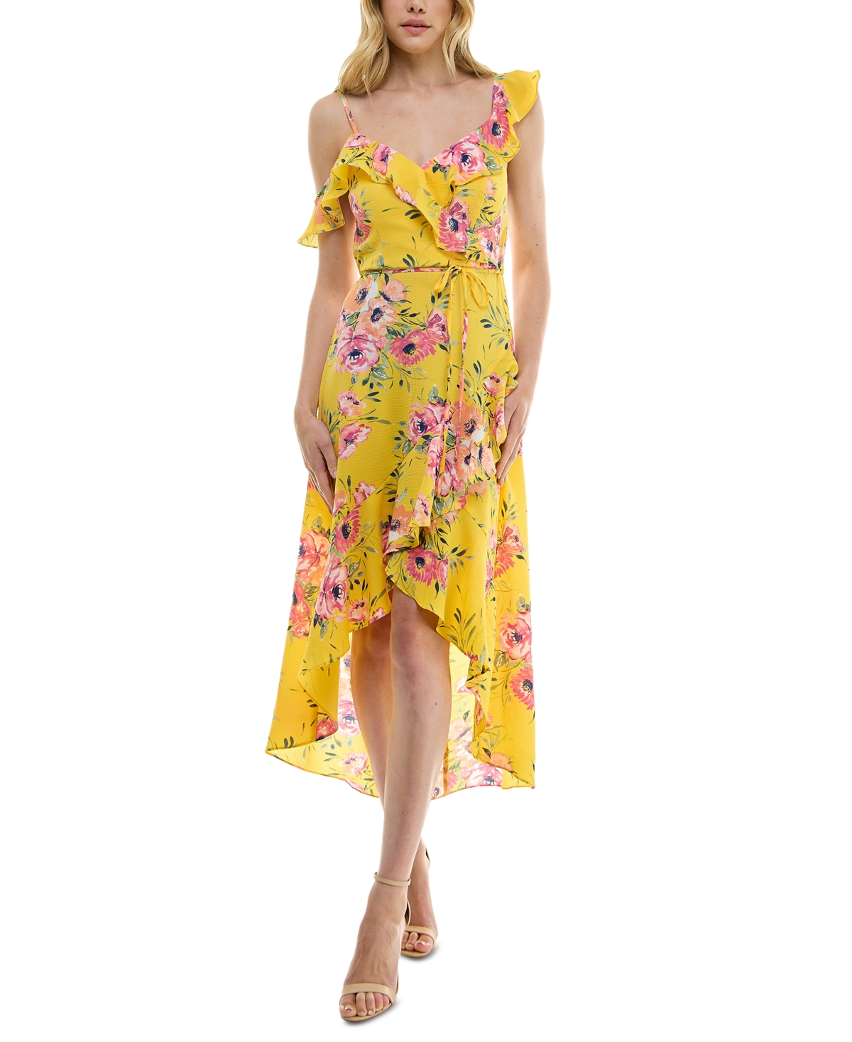 Shop Bcx Juniors' Printed Asymmetric Ruffle Wrap High Low Dress In Pat T