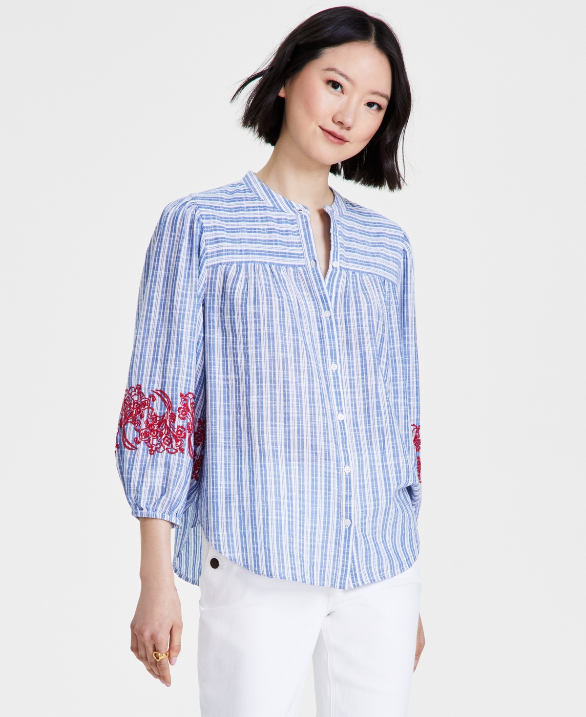 Shop Tommy Hilfiger Women's Striped Embroidered Tunic Top In Blue,white