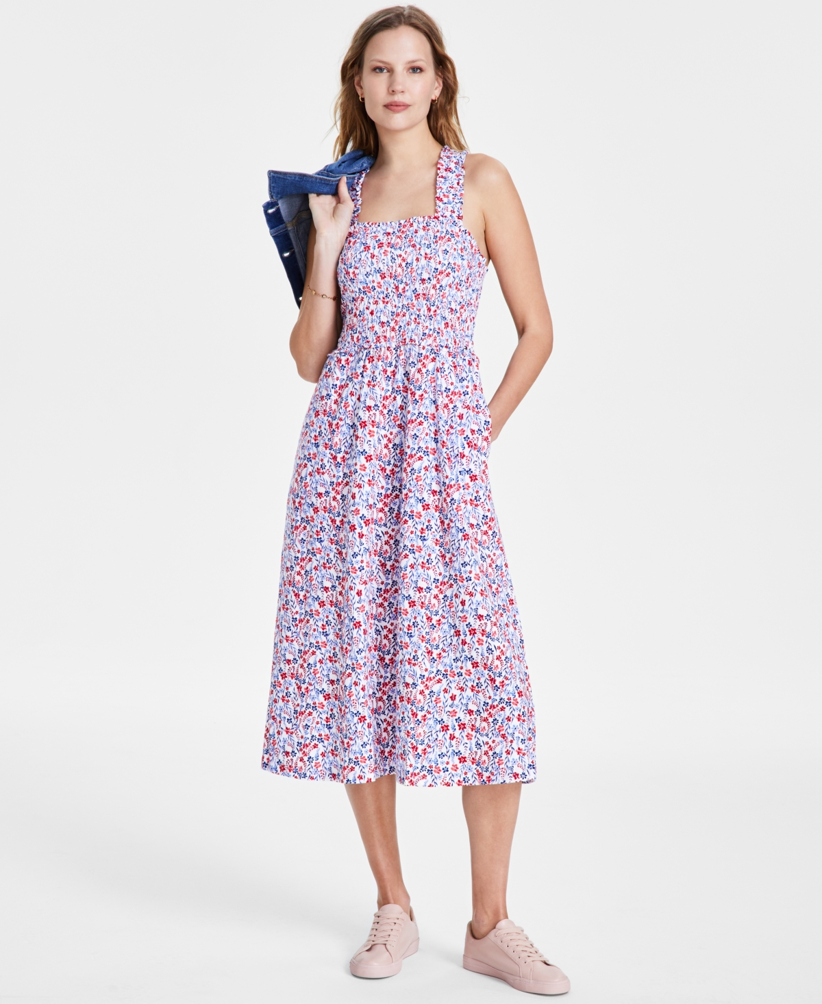 Shop Tommy Hilfiger Women's Smocked Floral-print Cotton Midi Dress In Brtwht,sca