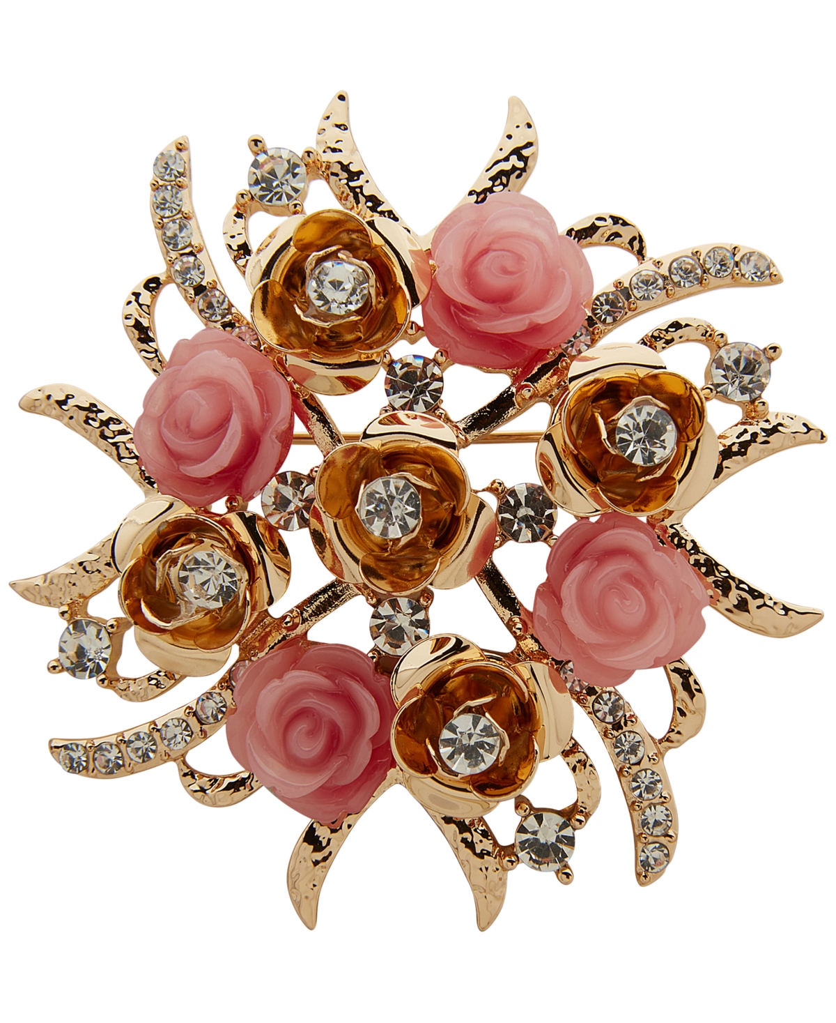 Gold-Tone Pave Rose Bouquet Pin - Pink