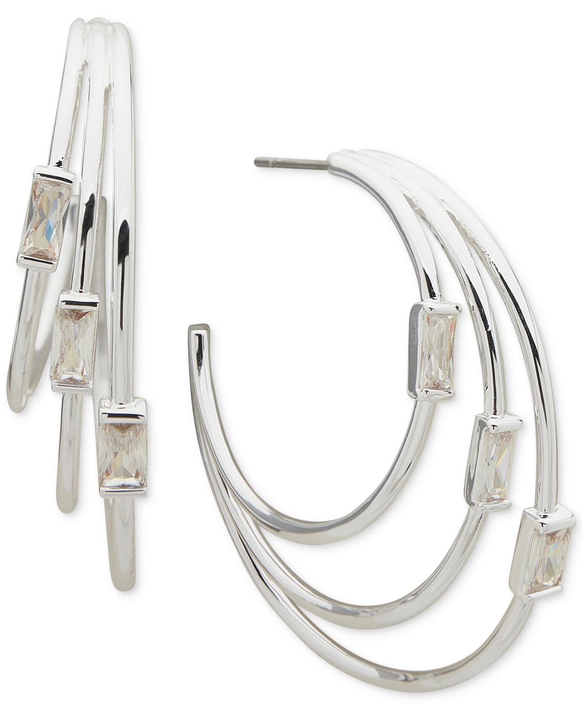 Shop Anne Klein Silver-tone Medium Baguette Cubic Zirconia Triple-row C-hoop Earrings, 1.47" In Crystal