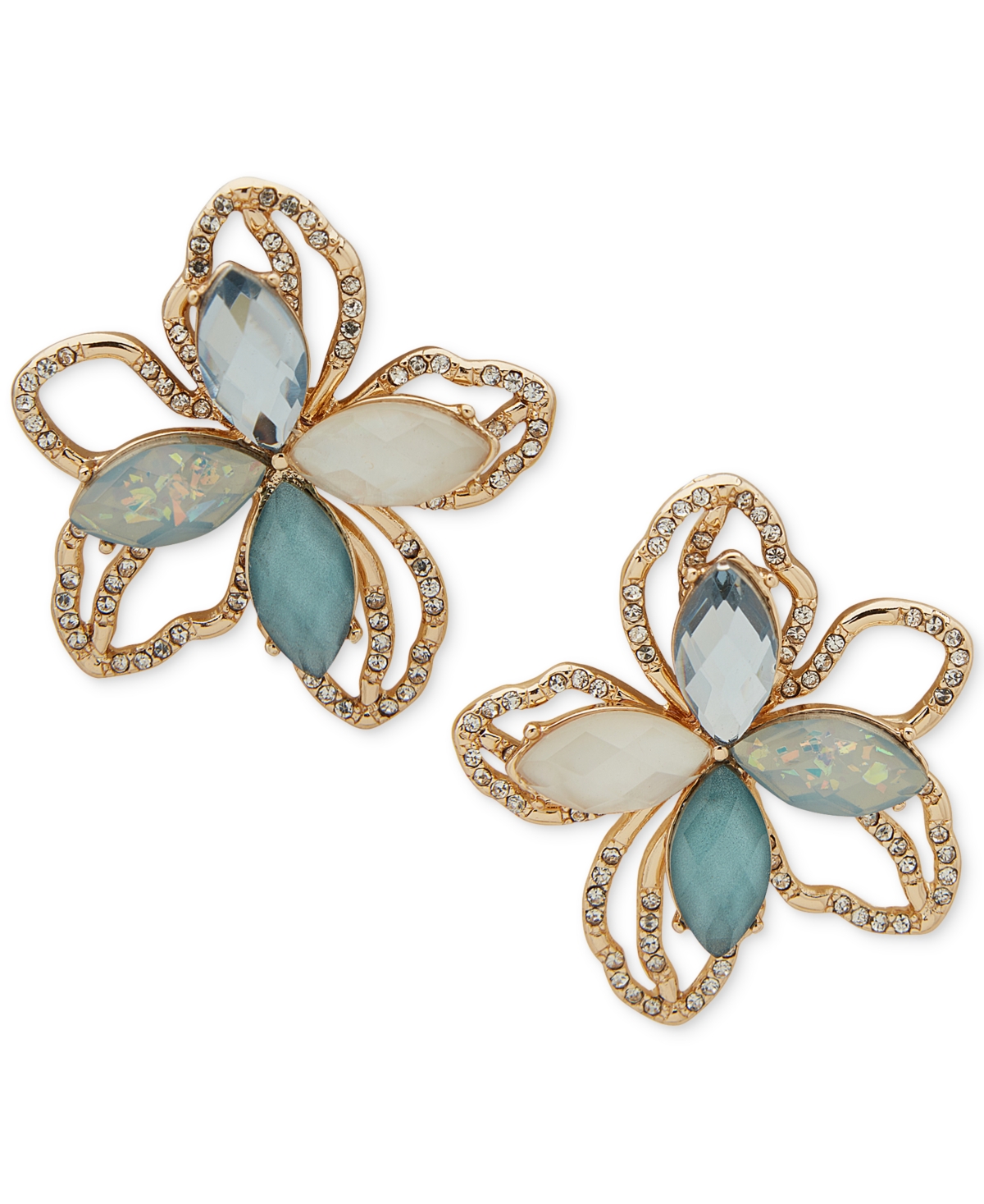 Shop Anne Klein Gold-tone Pave, Tonal Stone & Mother-of-pearl Flower Statement Stud Earrings In Blue