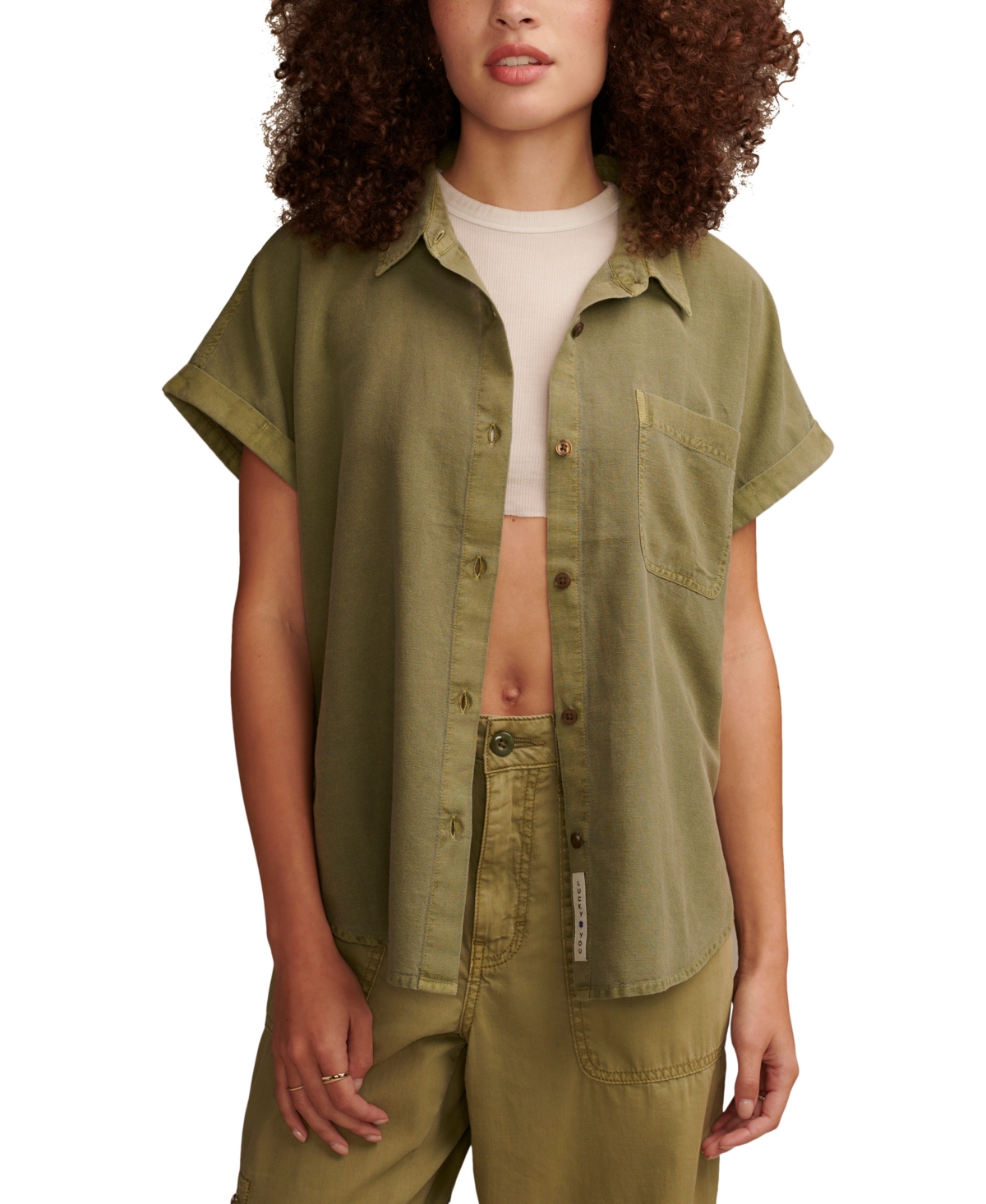 Shop Lucky Brand Women's Linen Short-sleeve Button-down Shirt In Dusty Olive