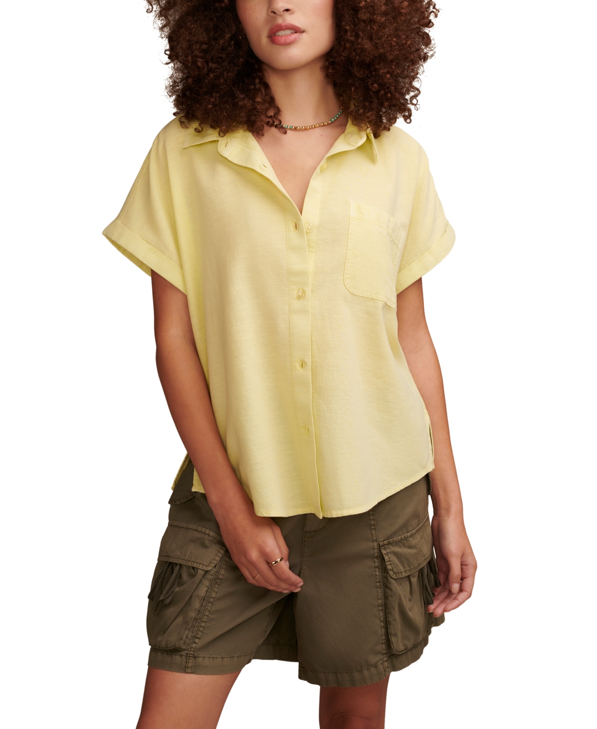 Shop Lucky Brand Women's Linen Short-sleeve Button-down Shirt In Pale Lime Yellow