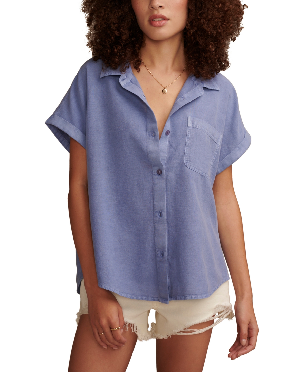 Shop Lucky Brand Women's Linen Short-sleeve Button-down Shirt In Persian Blue