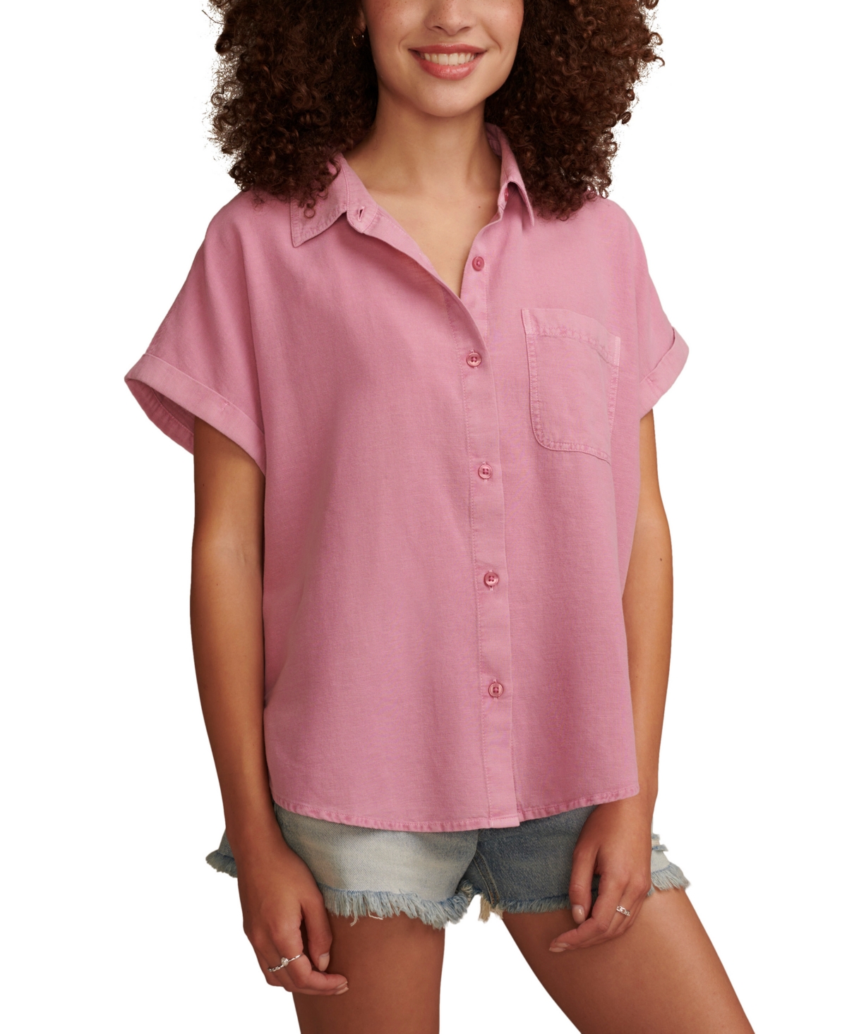 Shop Lucky Brand Women's Linen Short-sleeve Button-down Shirt In Smoky Grape