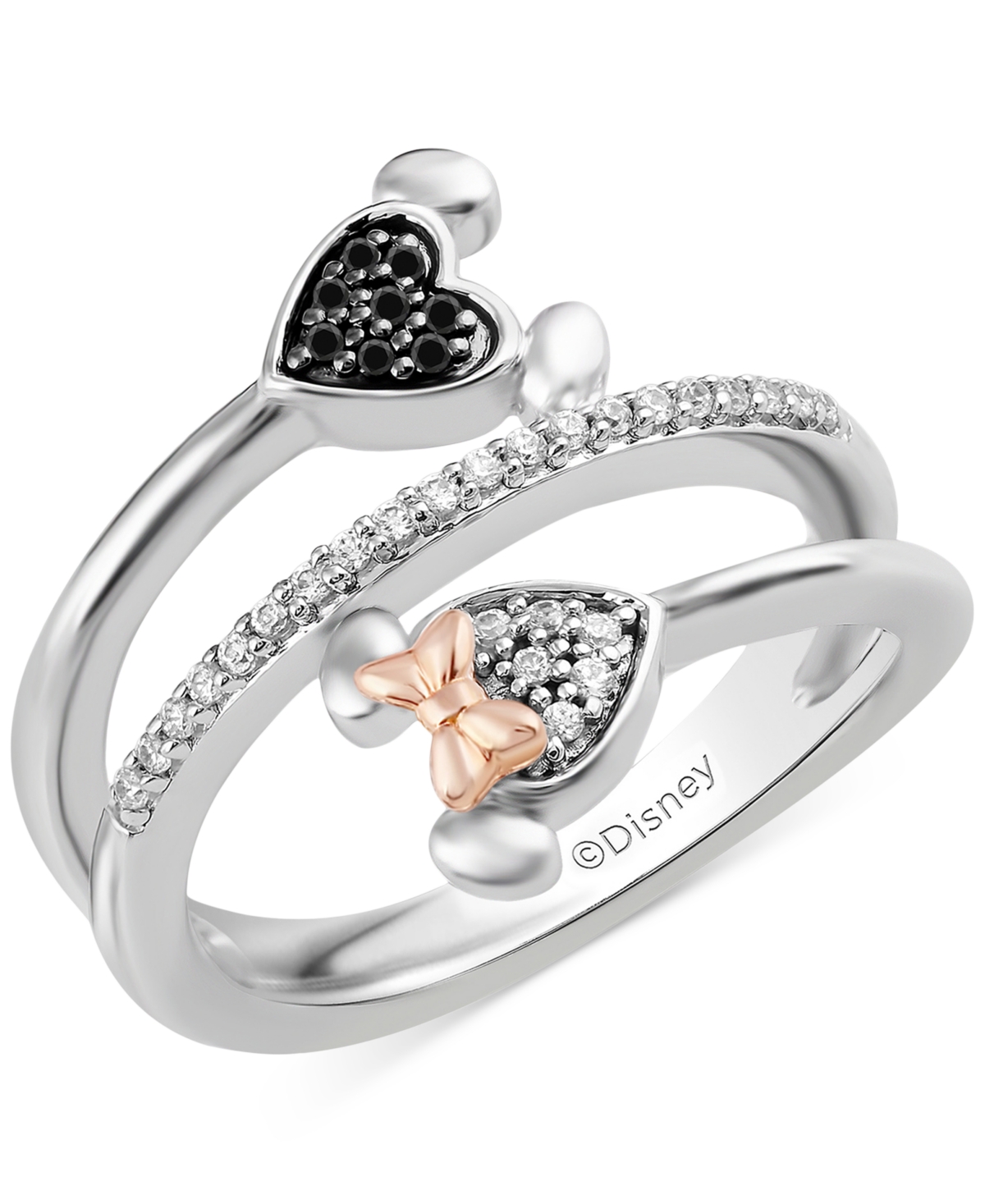 Black & White Diamond Minnie & Mickey Mouse Wrap Ring (1/6 ct. t.w.) in Sterling Silver & Rose Gold-Plate - Sterling Silver  Rose